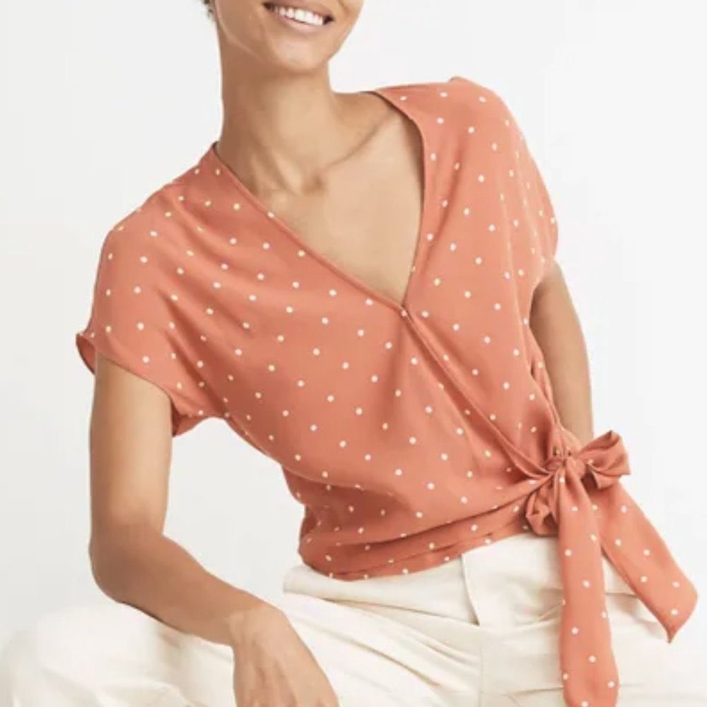 Madewell Women's Size XXS Sash Tie Wrap Top Pink Chiffon W/ Polka Dots - Picture 1 of 6